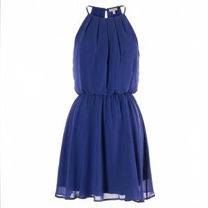 Lush Royal Blue Flowy Dress Summer Spring Halter Neck Pleated Front M